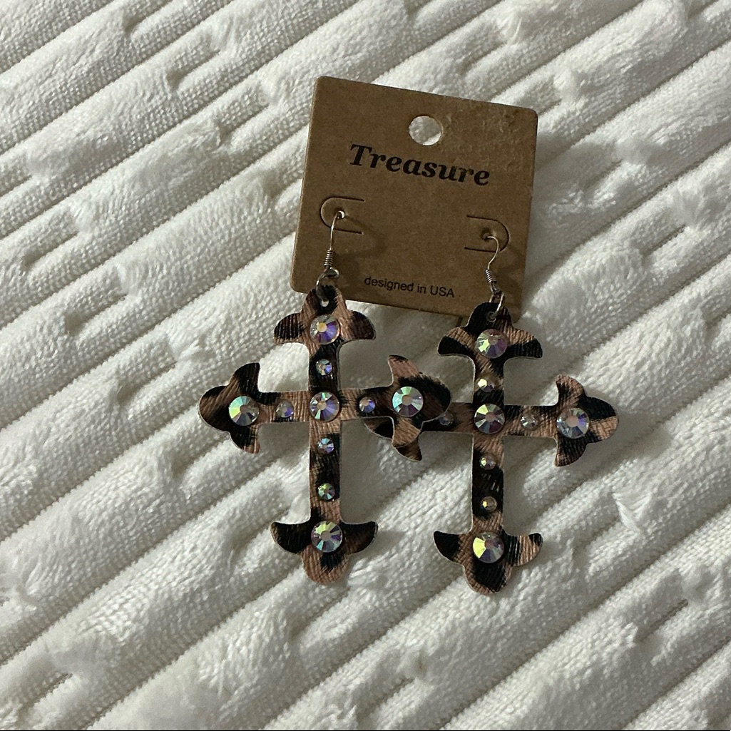 Animal Print Cross Earrings With Iridescent Accents
